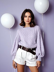 Fashionable Woman in Lilac Sweater and White Shorts with Balloons