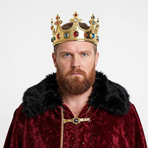 Regal Man Wearing Velvet Cloak and Jeweled Gold Crown