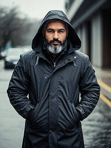 Man Wearing Black Waterproof Coat with Hood in Rainy Urban Setting