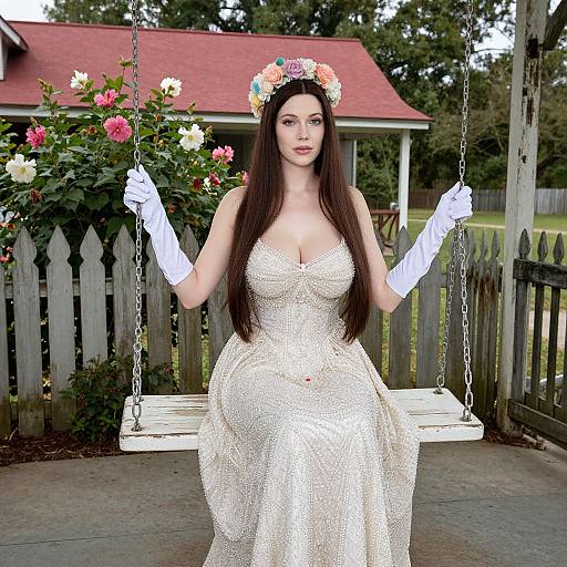 Woman in Elegant Pearl Gown and Floral Crown Sitting on Garden Swing