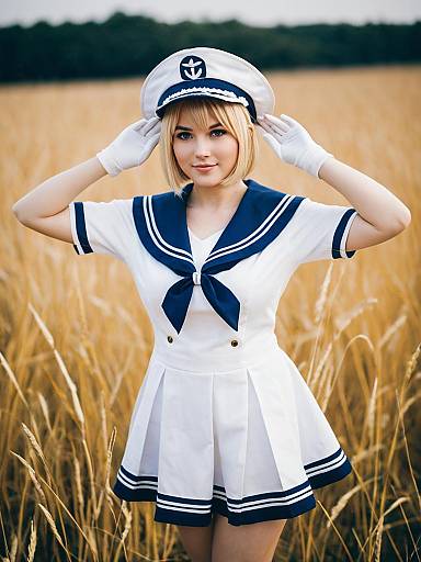 Young Woman in Sailor Outfit in Wheat Field
