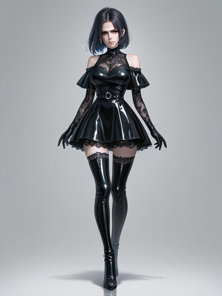 Realistic Woman in Black Leather Off-Shoulder Dress with Lace Details