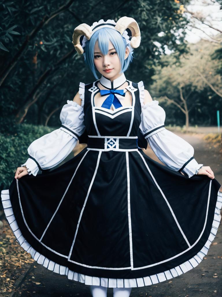 Woman Cosplaying Ram from Re:Zero Isekai Seikatsu in Maid Costume