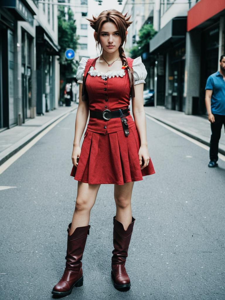 Woman in Aerith Cosplay Costume Full Body Portrait in Urban Street