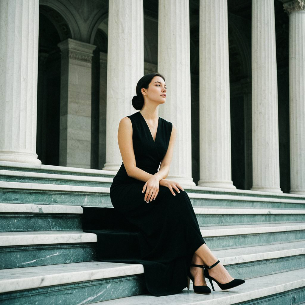 Sophisticated Woman in Black Dress on Marble Steps