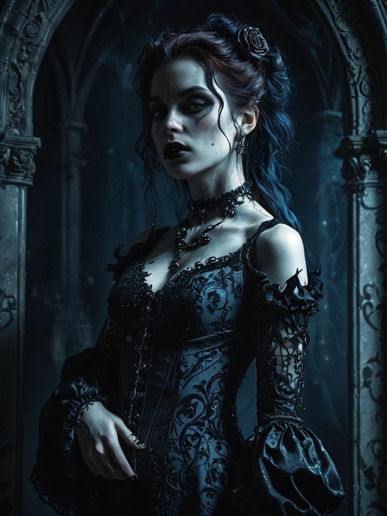 Gothic Woman in Victorian-Style Dark Dress in Moody Setting