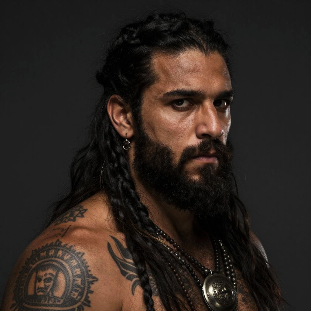 Portrait of Intense Bearded Man with Braided Hair and Tribal Tattoos