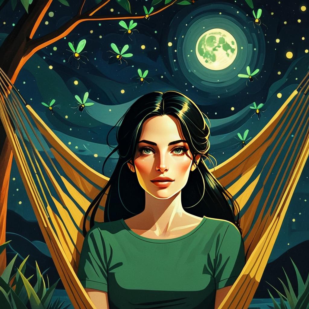 Digital Illustration of Woman in Hammock Under Moonlight with Fireflies