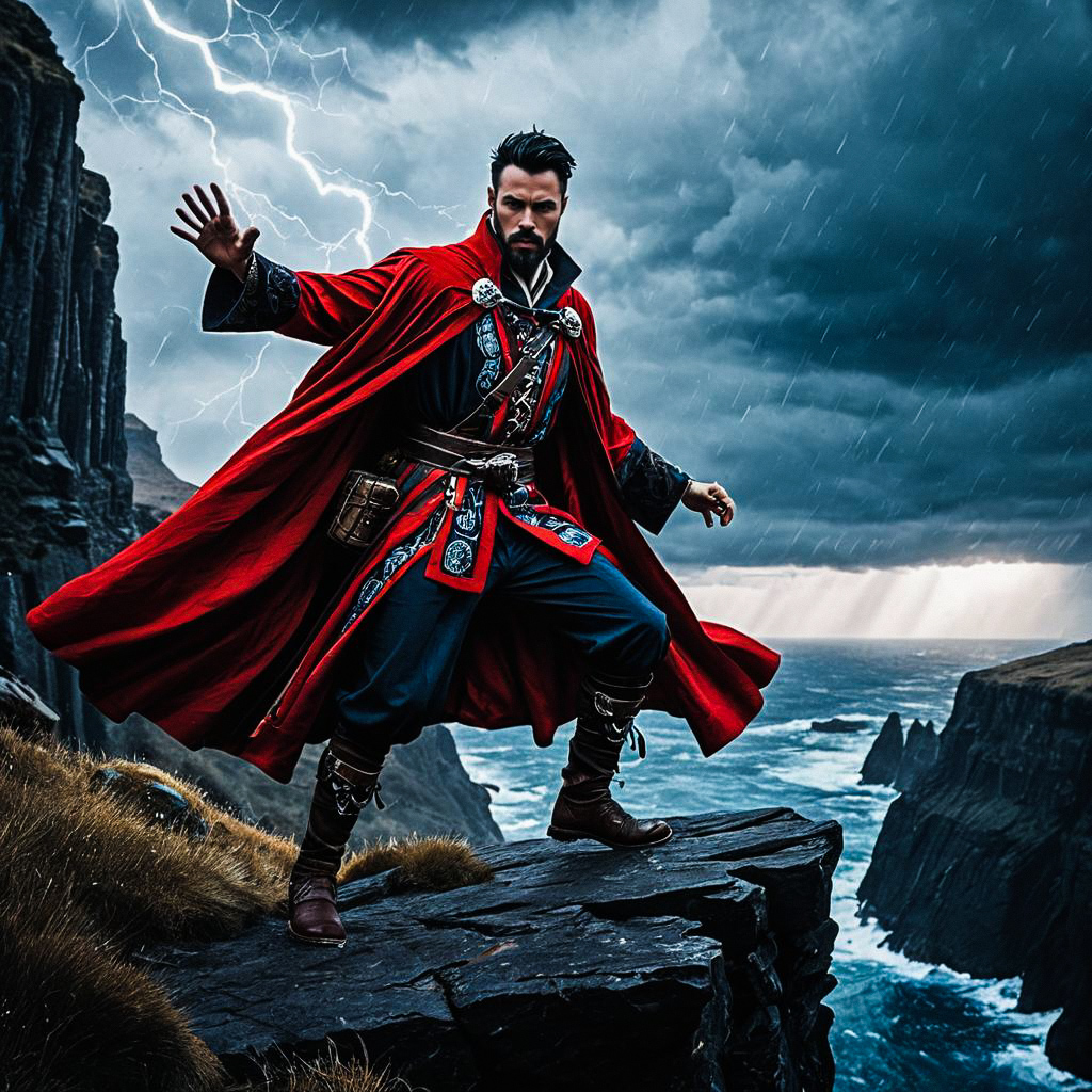 Man in Fantasy Outfit on Rocky Cliff During Storm