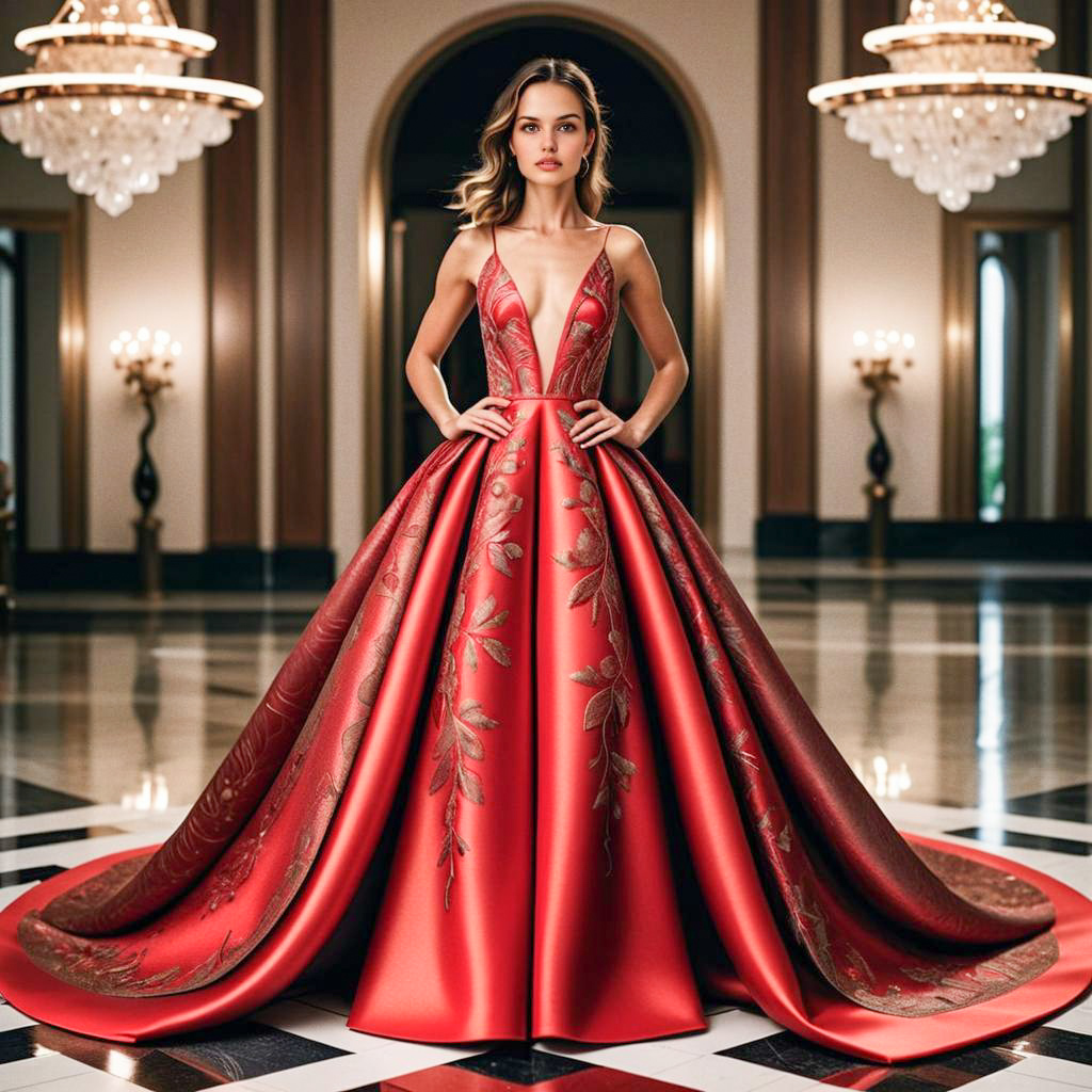 Elegant Woman in Red Gown with Floral Embroidery