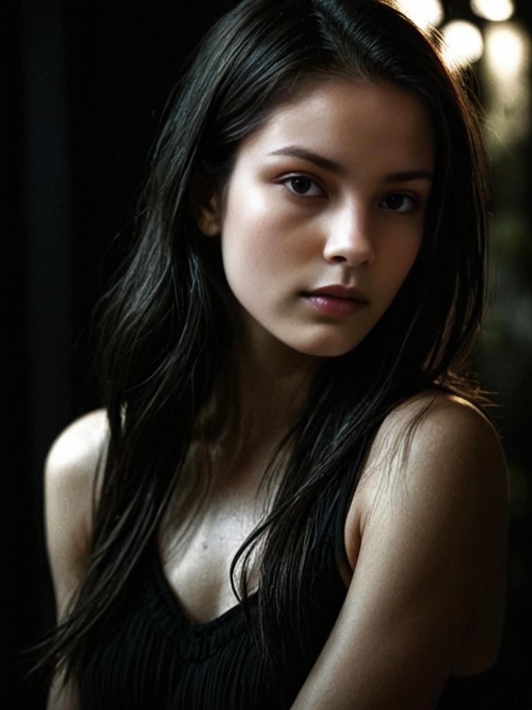 Pensive Woman with Dark Hair in Cinematic Lighting