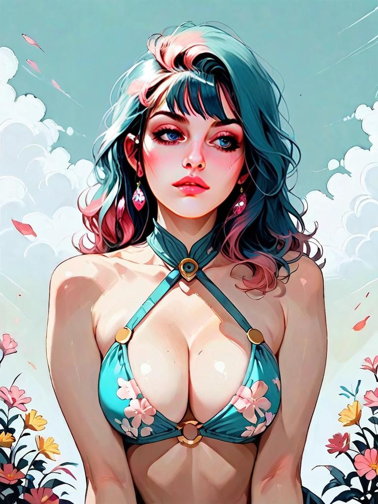 Realistic Woman in Retro High-Waisted Floral Bikini Digital Art