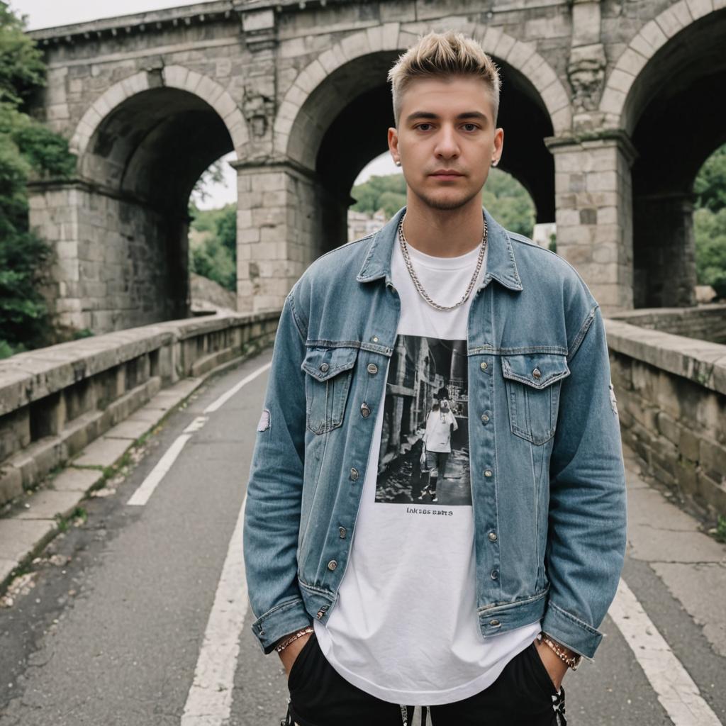 Confident Man in Denim Jacket on Road with Bridge