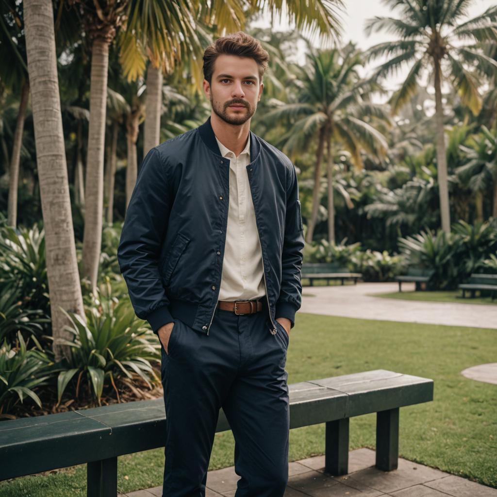 Confident Man in Smart Casual Attire in Tropical Park