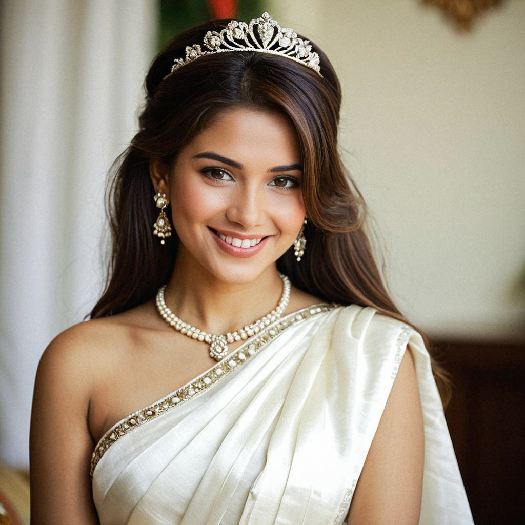Elegant Woman in White Satin Saree with Pearl Jewelry Elegant Woman in White Satin Saree with Pearl Jewelry