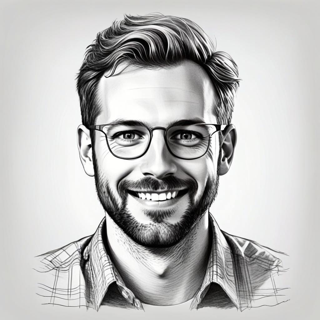 Realistic Black and White Digital Portrait of Smiling Man Wearing Glasses