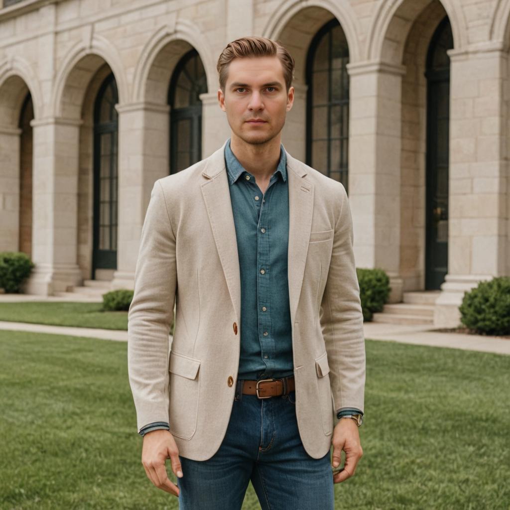 Stylish Man in Beige Blazer and Denim Shirt