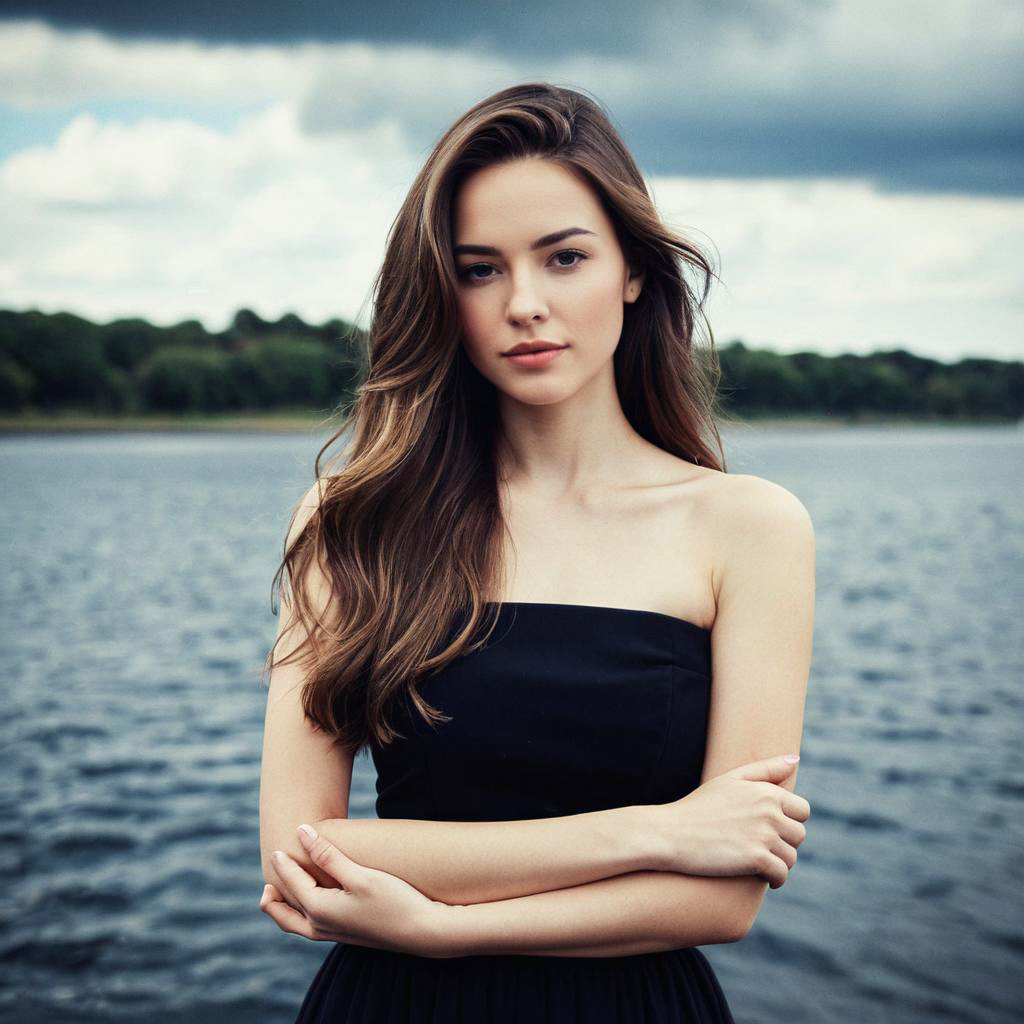 Confident Woman in Black Dress by Water