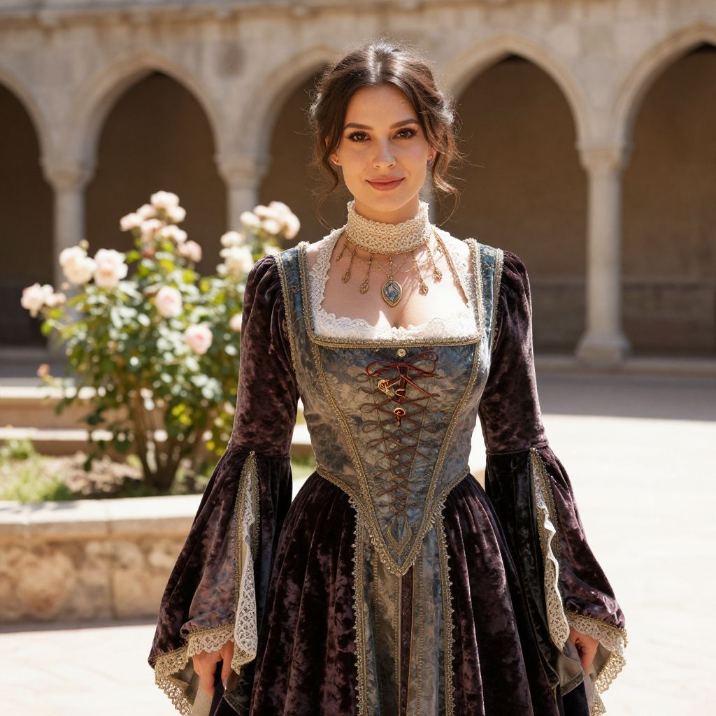 Woman in Elegant Renaissance Gown in Historic Courtyard
