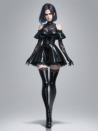 Realistic Woman in Black Leather Off-Shoulder Dress with Lace Details