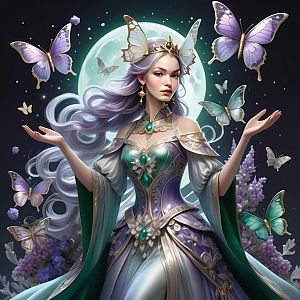 Mystical Woman Under Moon with Butterflies