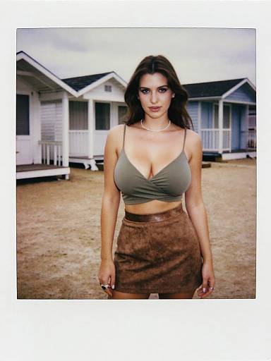 Athletic Woman in Olive Green Wrap Crop Top and Brown Suede Mini Skirt Casual Chic Outfit