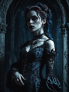 Gothic Woman in Victorian-Style Dark Dress in Moody Setting