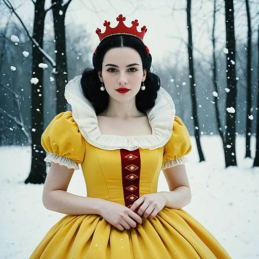 Snow White Style Woman in Yellow Dress and Red Crown in Snowy Forest