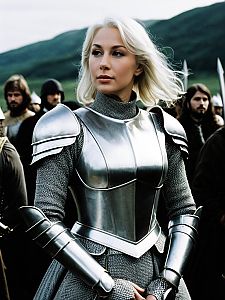 Woman in Excalibur Medieval Armor Costume with Chainmail and Soldiers
