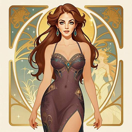 Elegant Woman in Art Nouveau Style Purple Dress Digital Illustration