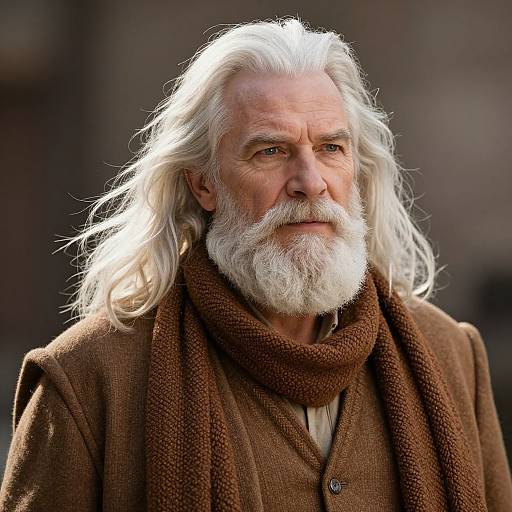 Elderly Man with Long White Hair and Beard in Brown Coat and Scarf