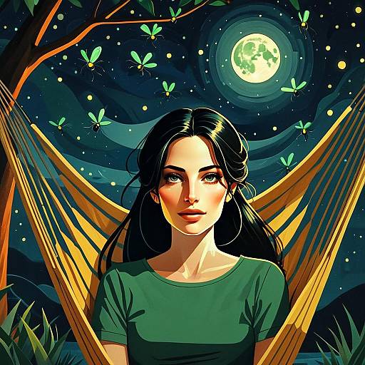 Digital Illustration of Woman in Hammock Under Moonlight with Fireflies