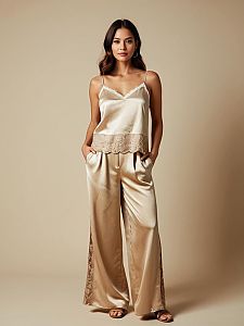 Elegant Beige Satin Pajama Set with Lace Trim for Women