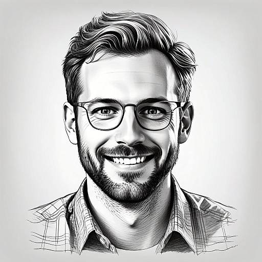 Realistic Black and White Digital Portrait of Smiling Man Wearing Glasses