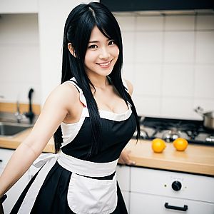 Cheerful Woman in Maid Dress in Modern Kitchen