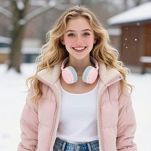 Happy Young Woman Wearing Pink Jacket and Headphones in Snowy Winter Outdoors