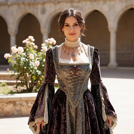 Woman in Elegant Renaissance Gown in Historic Courtyard