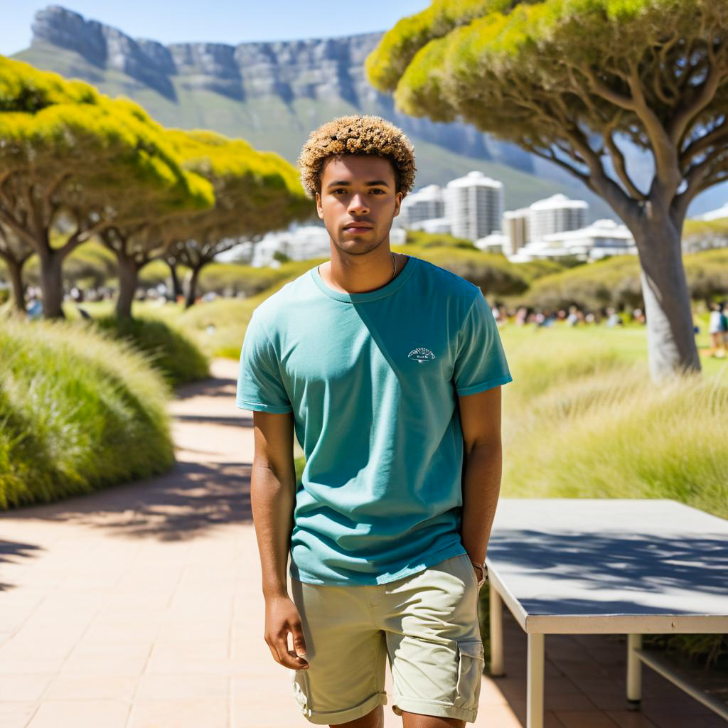 Young man in scenic park with mountains