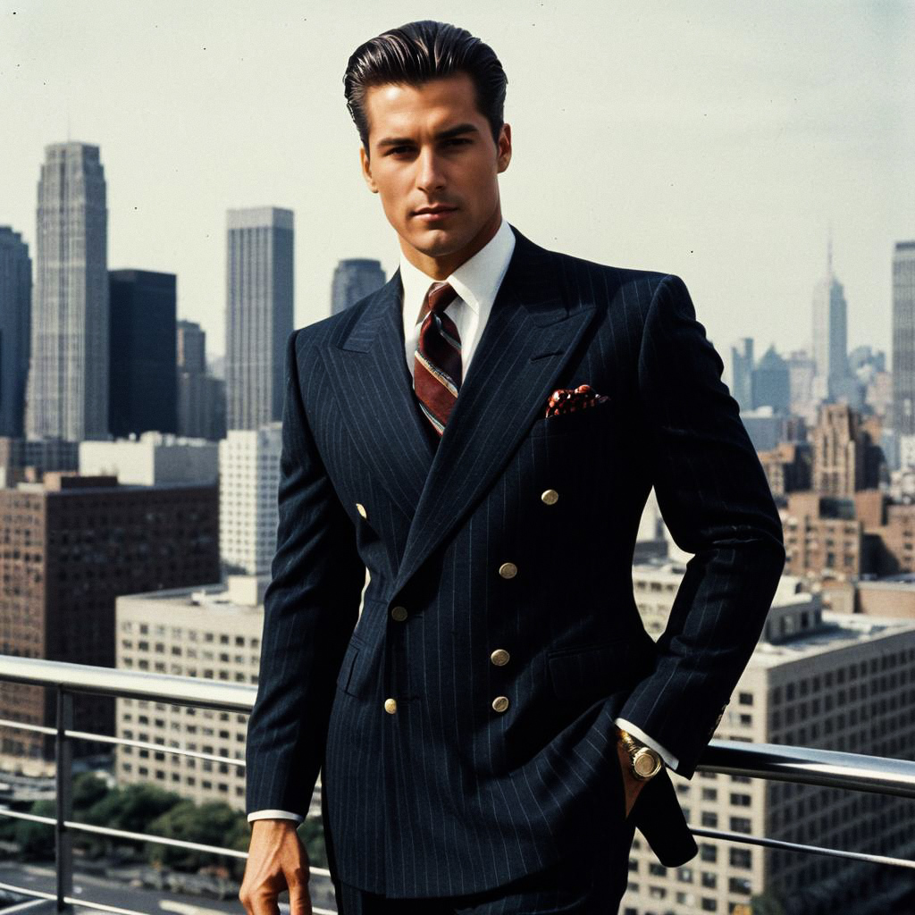 Confident Man in Navy Pinstripe Suit Overlooking City Skyline