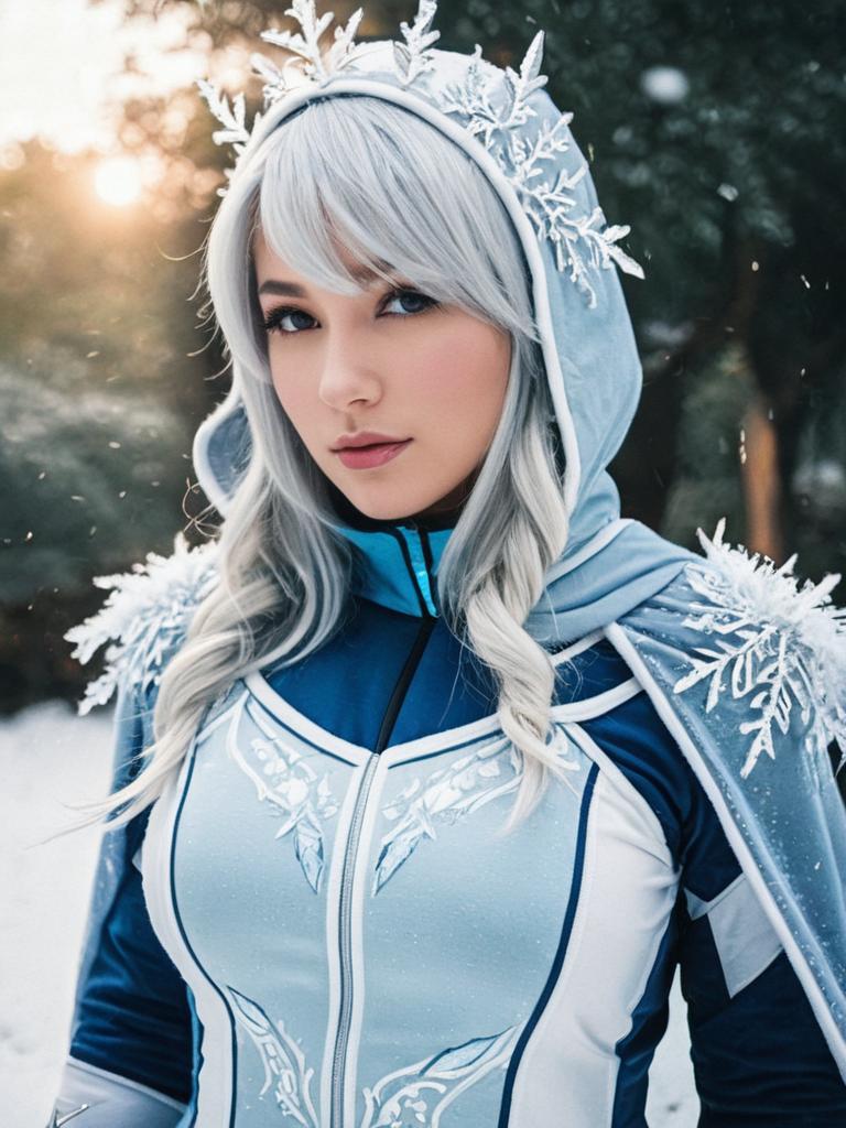 Winter Queen Woman in Icy Cosplay Costume with Silver Hair