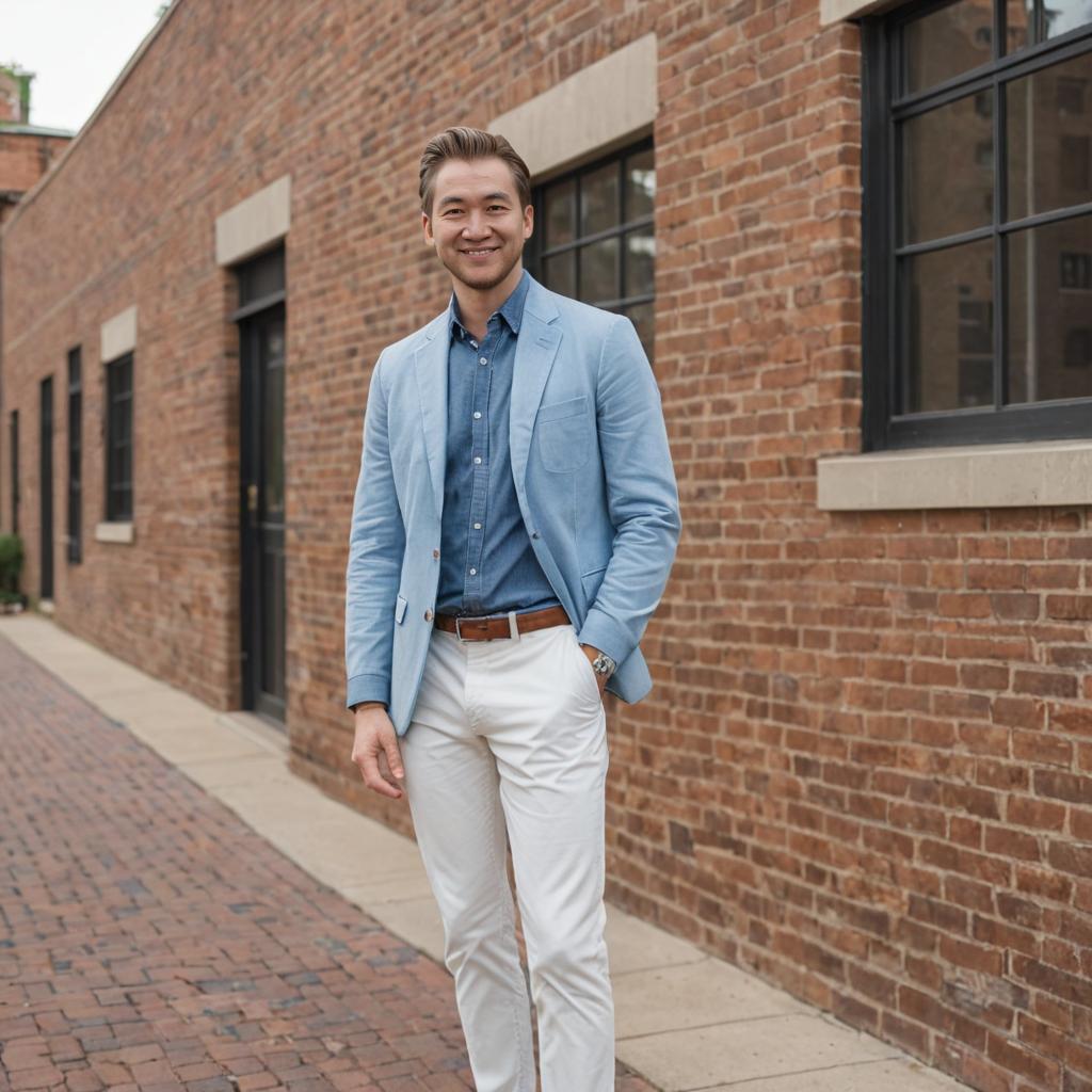 Stylish man in blue blazer and white trousers walking in urban setting