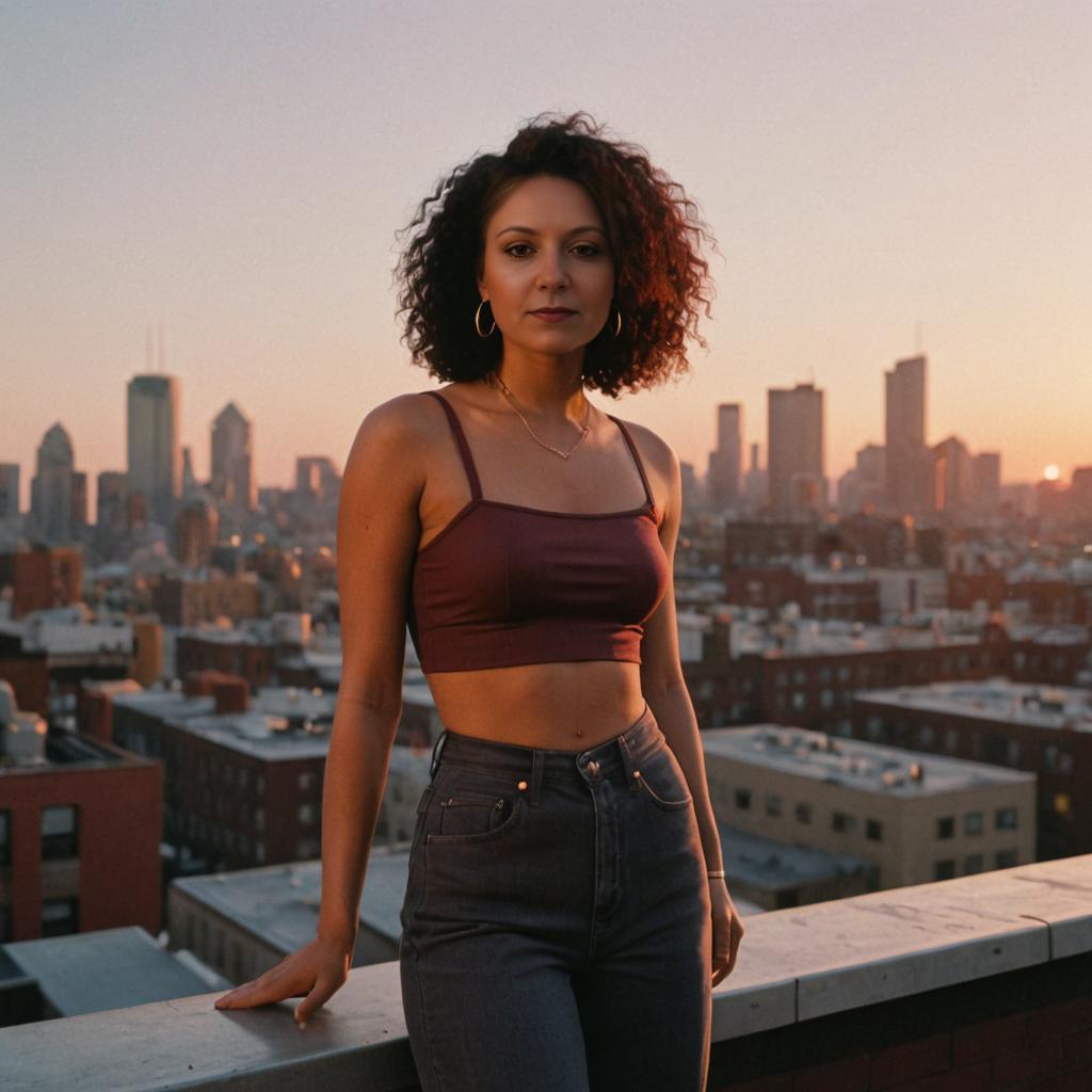 Confident Woman Against City Skyline at Golden Hour