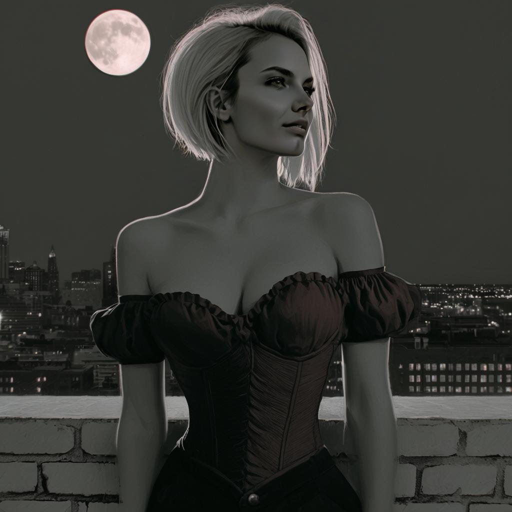 Stylish Woman in Black Corset with Full Moon Night Cityscape