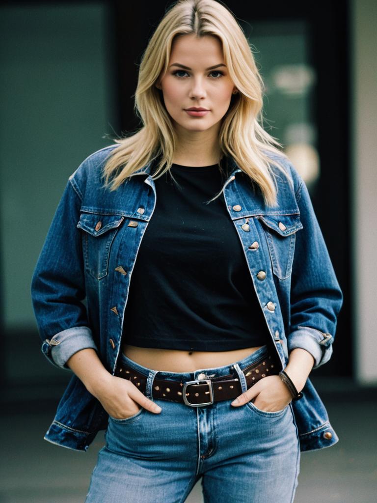 Woman in Designer Denim Jeans and Jacket with Black Crop Top