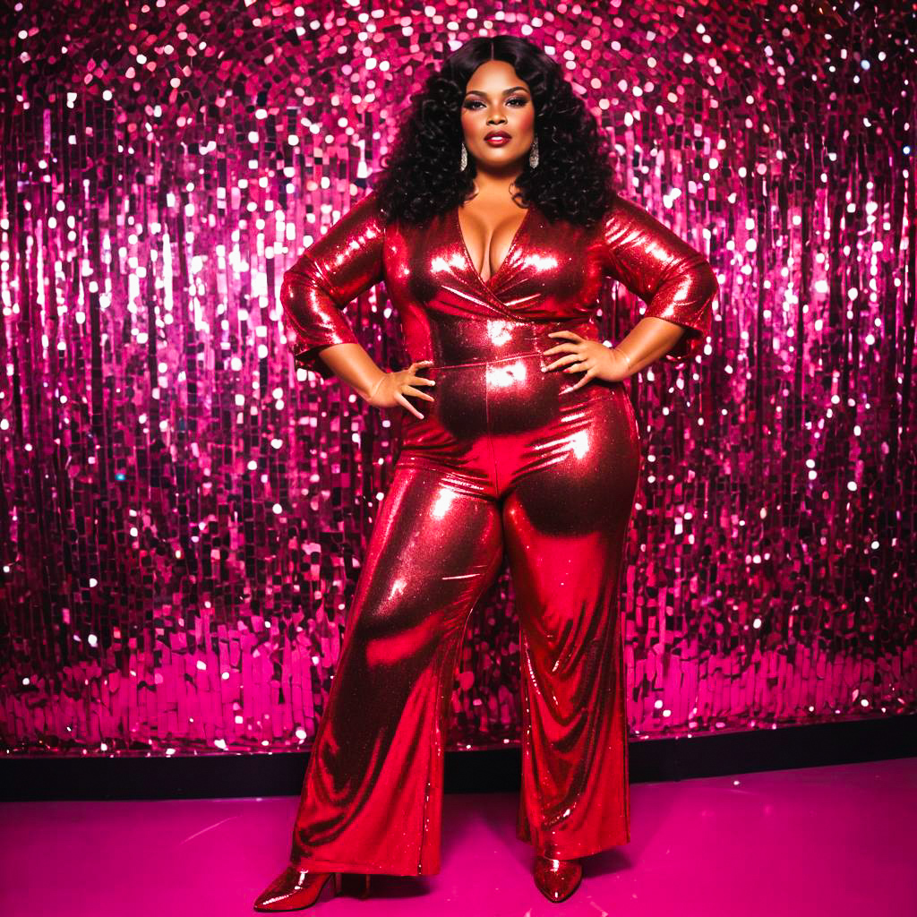 Confident Woman in Red Sequined Jumpsuit