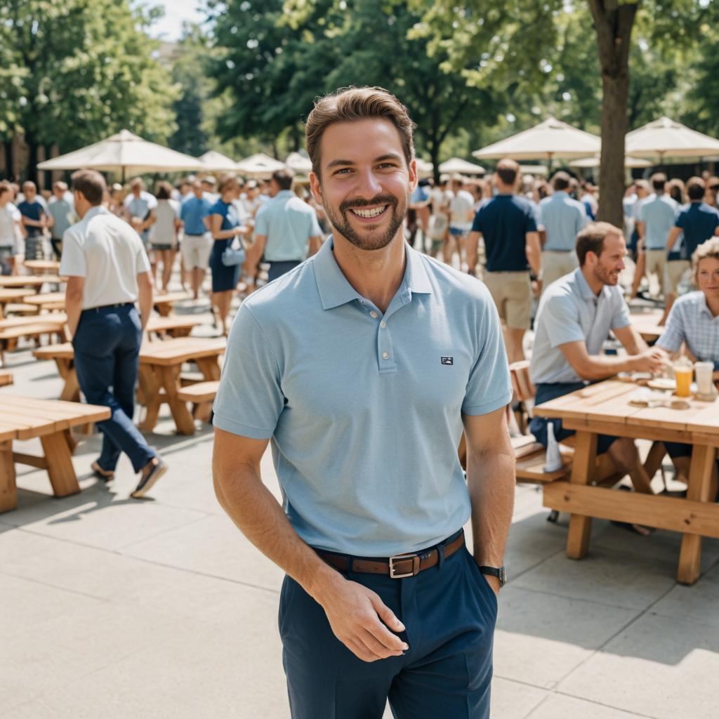 Confident man in casual blue polo at outdoor gathering