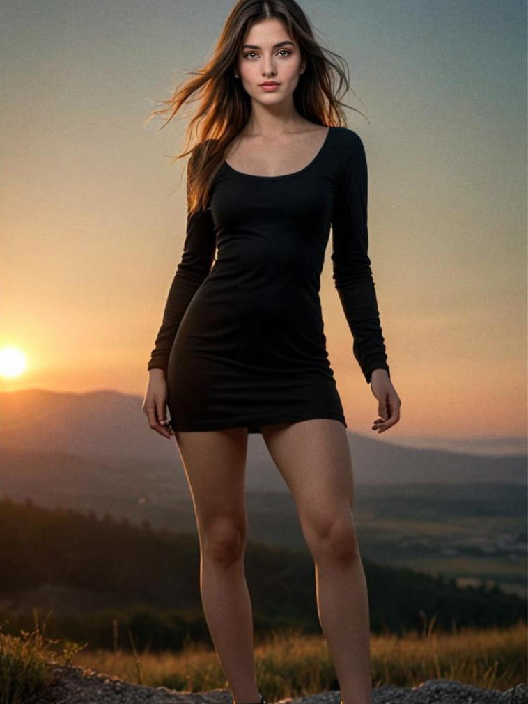 Confident Woman in Black Dress at Sunset