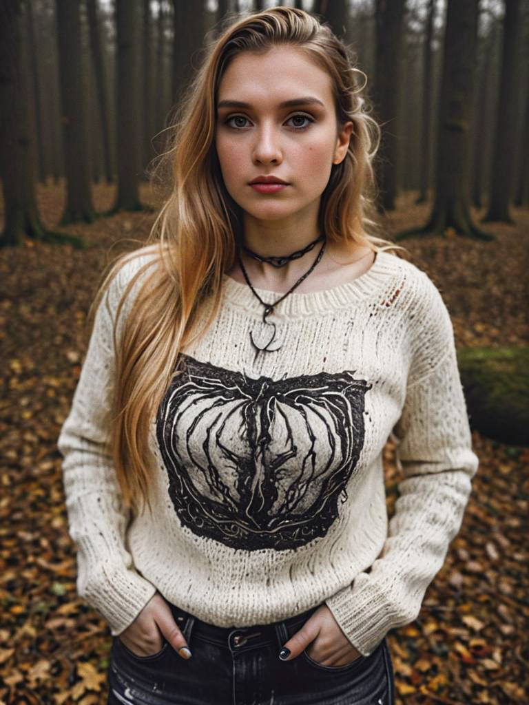 Woman in Cozy Sweater in Misty Forest