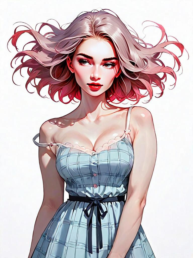 Realistic Digital Art of Woman in Blue Checked Dress with Flowing Hair