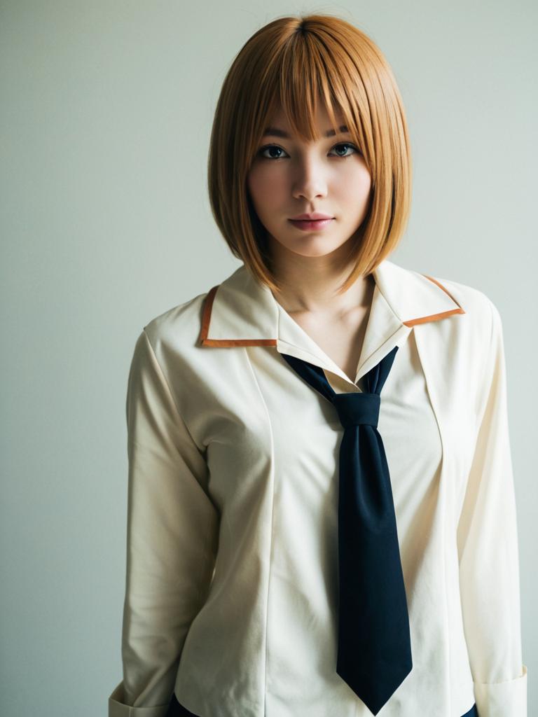 Realistic Cosplay Woman Wearing Sayu Yagami Costume with Short Brown Hair